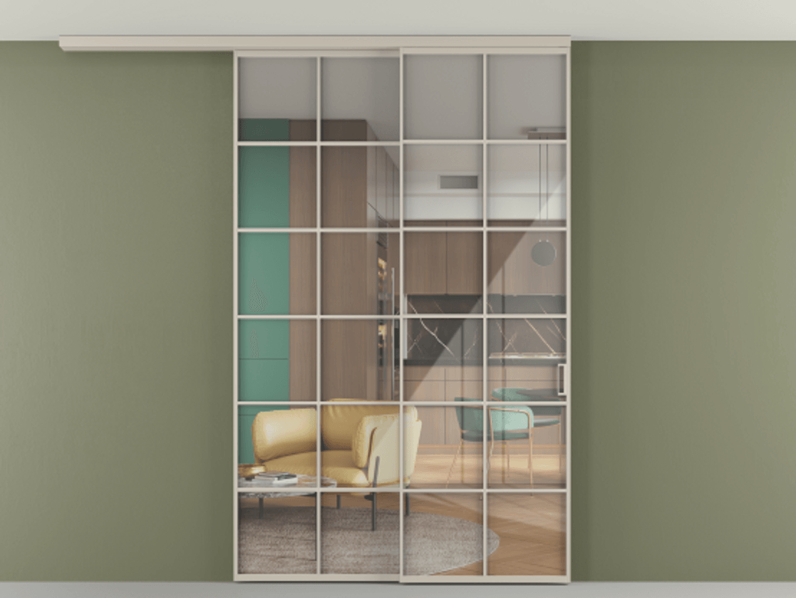 Перегородка Формато вдоль стены на потолок 2 створки с синхронным механизмом АЛПР 040.05 Алюминий светло-бежевый Рефлективное прозрачное стекло "Стопсол", калёное. Цена 344180 ₽ 1. Полотно 2 шт. (800/2100 мм)
2. Комплект установки раздвижной системы
3. Базовый комплект фурнитуры
4.Ручка Рондо. Фабрика дверей Волховец 8 (800) 551 43 19 Перегородка Формато вдоль стены на потолок 2 створки с синхронным механизмом АЛПР 040.05 Алюминий светло-бежевый Рефлективное прозрачное стекло "Стопсол", калёное Цена 344180 ₽ | Volhovec