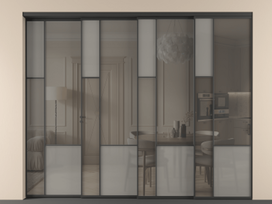 Перегородка Mosaic внутри проёма 4 створки с синхронным механизмом АЛПР 041.13 Алюминий Черный Сатинированное серое стекло, триплекс, 6 мм + Прозрачное серое стекло, триплекс. Скрытый короб ЧЕР Цена 560060 ₽ . Фабрика дверей Волховец 8 (800) 551 43 19 Перегородка Mosaic внутри проёма 4 створки с синхронным механизмом АЛПР 041.13 Алюминий Черный Сатинированное серое стекло, триплекс, 6 мм + Прозрачное серое стекло, триплекс Цена 560060 ₽ | Volhovec