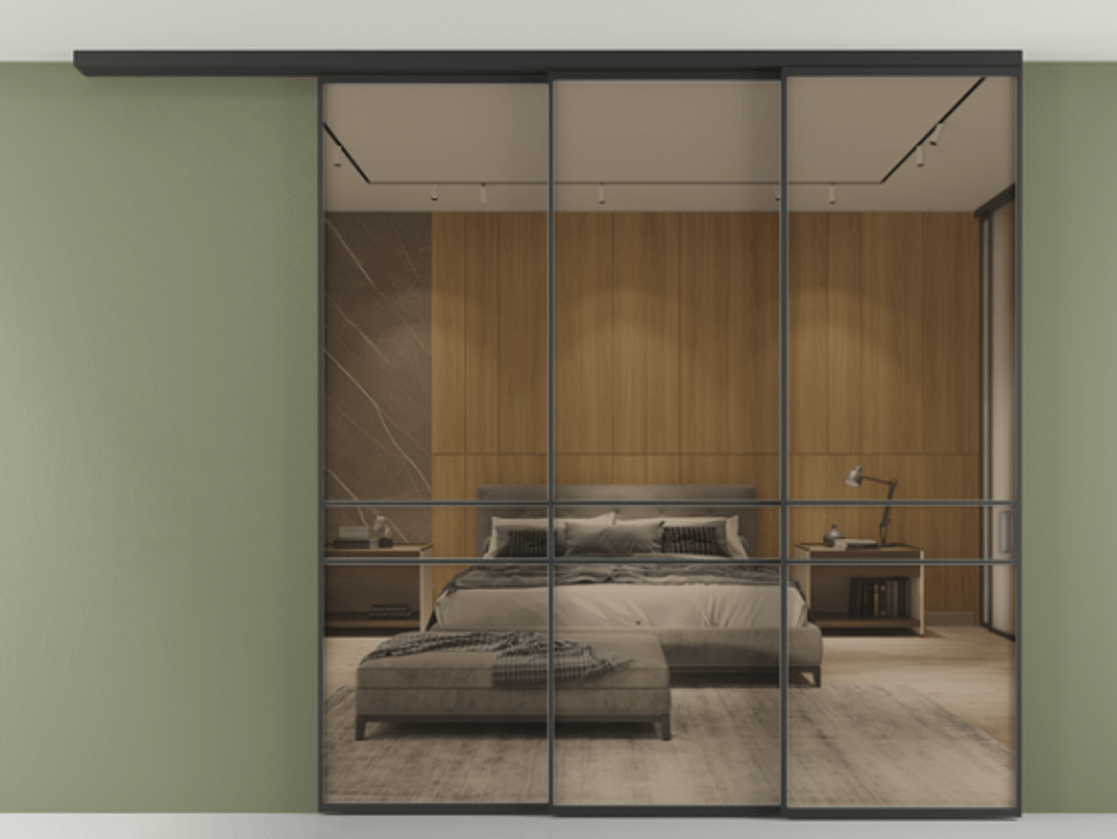 Перегородка Formato вдоль стены на потолок 3 створки с синхронным механизмом АЛПР 040.02 Алюминий Черный Рефлективное бронзовое стекло "Stopsol", калёное. Скрытый короб ЧЕР Цена 448550 ₽ 1. Полотно 2 шт. (800/2100 мм)
2. Комплект установки раздвижной системы
3. Базовый комплект фурнитуры
4.Ручка RONDO
. Фабрика дверей Волховец 8 (800) 551 43 19 Перегородка Formato вдоль стены на потолок 3 створки с синхронным механизмом АЛПР 040.02 Алюминий Черный Рефлективное бронзовое стекло "Stopsol", калёное Цена 448550 ₽ | Volhovec