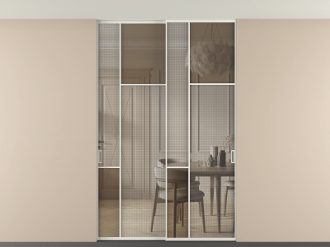 Перегородка Mosaic внутри проёма двустворчатая со скрытым креплением в потолок АЛПР 041.11 Алюминий Белый Декоративное стекло с сеткой "Mesh silver", триплекс, 6 мм + Прозрачное бронзовое стекло, триплекс, 6 мм. Скрытый короб БЕЛ Цена 309020 ₽ . Фабрика дверей Волховец 8 (800) 551 43 19  Перегородка Mosaic внутри проёма двустворчатая со скрытым креплением в потолок АЛПР 041.11 Алюминий Белый Декоративное стекло с сеткой "Mesh silver", триплекс, 6 мм + Прозрачное бронзовое стекло, триплекс, 6 мм Цена 309020 ₽ | Volhovec