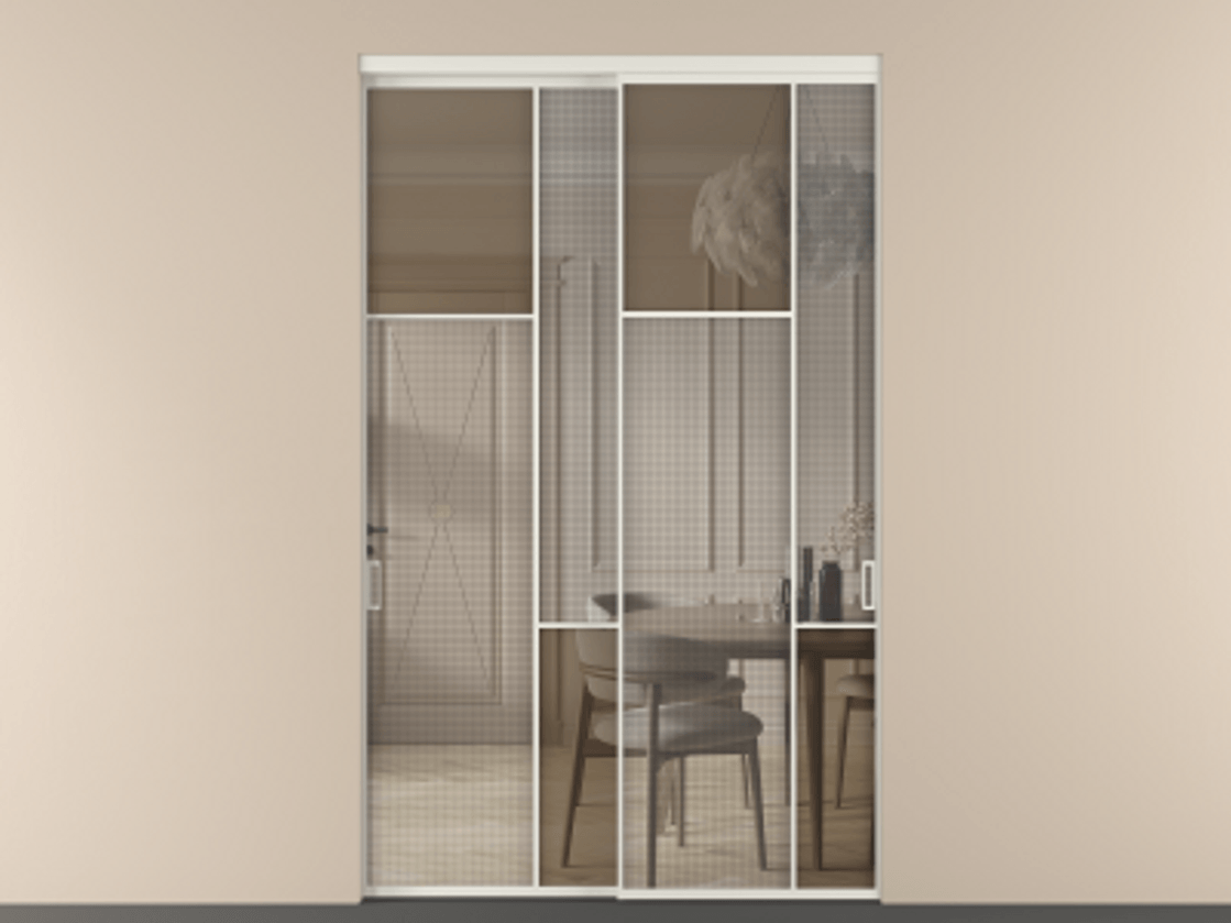 Перегородка Mosaic внутри проёма двустворчатая АЛПР 041.10 Алюминий Белый Декоративное стекло с сеткой "Mesh silver", триплекс, 6 мм + Прозрачное бронзовое стекло, триплекс, 6 мм. Скрытый короб БЕЛ Цена 230160 ₽ . Фабрика дверей Волховец 8 (800) 551 43 19  Перегородка Mosaic внутри проёма двустворчатая АЛПР 041.10 Алюминий Белый Декоративное стекло с сеткой "Mesh silver", триплекс, 6 мм + Прозрачное бронзовое стекло, триплекс, 6 мм Цена 230160 ₽ | Volhovec
