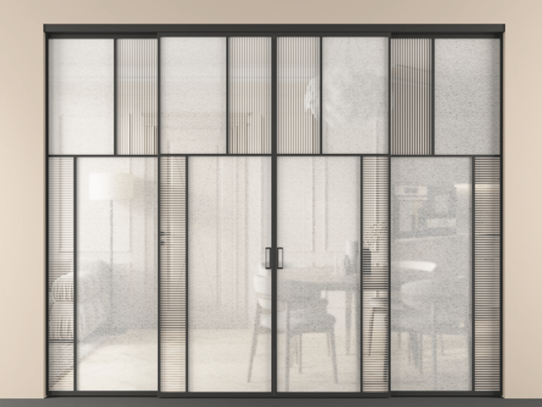 Перегородка Mosaic внутри проёма четырёхстворчатая АЛПР 041.23 Алюминий Черный Рифлёное стекло "Дюна", триплекс, 6 мм + Фактурное стекло "Лёд", триплекс, 6 мм. Скрытый короб ЧЕР Цена 448720 ₽ . Фабрика дверей Волховец 8 (800) 551 43 19 Перегородка Mosaic внутри проёма четырёхстворчатая АЛПР 041.23 Алюминий Черный Рифлёное стекло "Дюна", триплекс, 6 мм + Фактурное стекло "Лёд", триплекс, 6 мм Цена 448720 ₽ | Volhovec