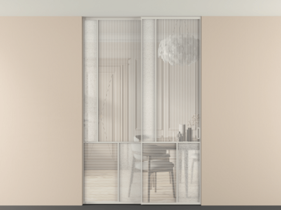 Перегородка Мозаик внутри проёма скрытое крепление в потолок 2 створки АЛПР 041.20 Алюминий тёплый серый Рифлёное стекло "Дюна", триплекс, 6 мм + Фактурное стекло "Лёд", триплекс. Цена 340580 ₽ . Фабрика дверей Волховец 8 (800) 551 43 19 Перегородка Мозаик внутри проёма скрытое крепление в потолок 2 створки АЛПР 041.20 Алюминий тёплый серый Рифлёное стекло "Дюна", триплекс, 6 мм + Фактурное стекло "Лёд", триплекс Цена 340580 ₽ | Volhovec