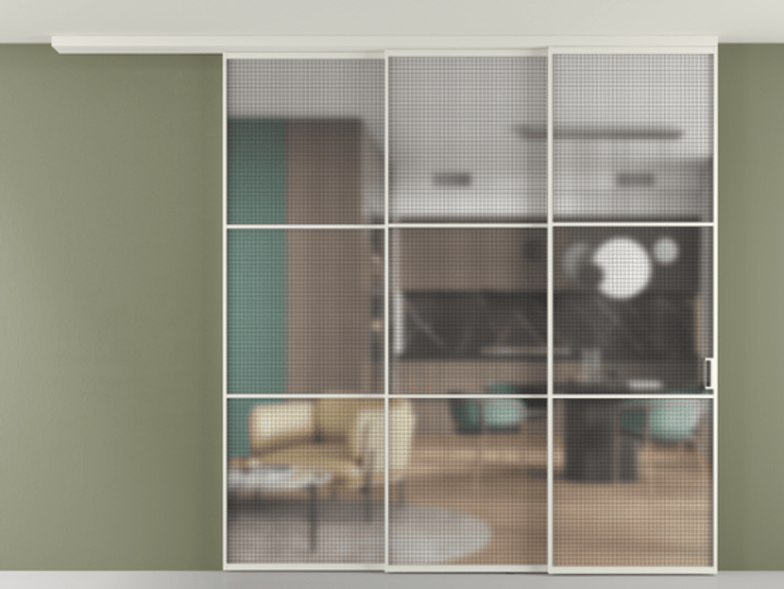 Перегородка Formato вдоль стены на потолок телескопик синхро 3 АЛПР 040.03 Алюминий Белый Декоративное стекло с сеткой "Mesh silver", триплекс, 6 мм. Скрытый короб БЕЛ Цена 424220 ₽ 1. Полотно 2 шт.  (800/2100 мм)
2. Комплект установки раздвижной системы
3. Базовый комплект фурнитуры
4.Ручка RONDO
. Фабрика дверей Волховец 8 (800) 551 43 19  Перегородка Formato вдоль стены на потолок телескопик синхро 3 АЛПР 040.03 Алюминий Белый Декоративное стекло с сеткой "Mesh silver", триплекс, 6 мм Цена 424220 ₽ | Volhovec