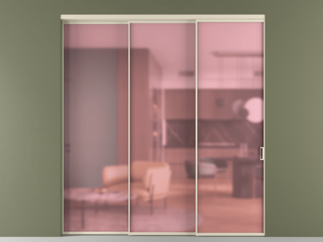 Перегородка Formato внутри проёма 3 створки с синхронным механизмом АЛПР 040.01 Алюминий бежево-серый Сатинированное розовое стекло, триплекс. Цена 373400 ₽ 1. Полотно 3 шт. (800/2100 мм)
2. Комплект установки раздвижной системы
3. Базовый комплект фурнитуры
4. Комплект фурнитуры телескопик синхро-2
5.Ручка RONDO
. Фабрика дверей Волховец 8 (800) 551 43 19 Перегородка Formato внутри проёма 3 створки с синхронным механизмом АЛПР 040.01 Алюминий бежево-серый Сатинированное розовое стекло, триплекс Цена 373400 ₽ | Volhovec