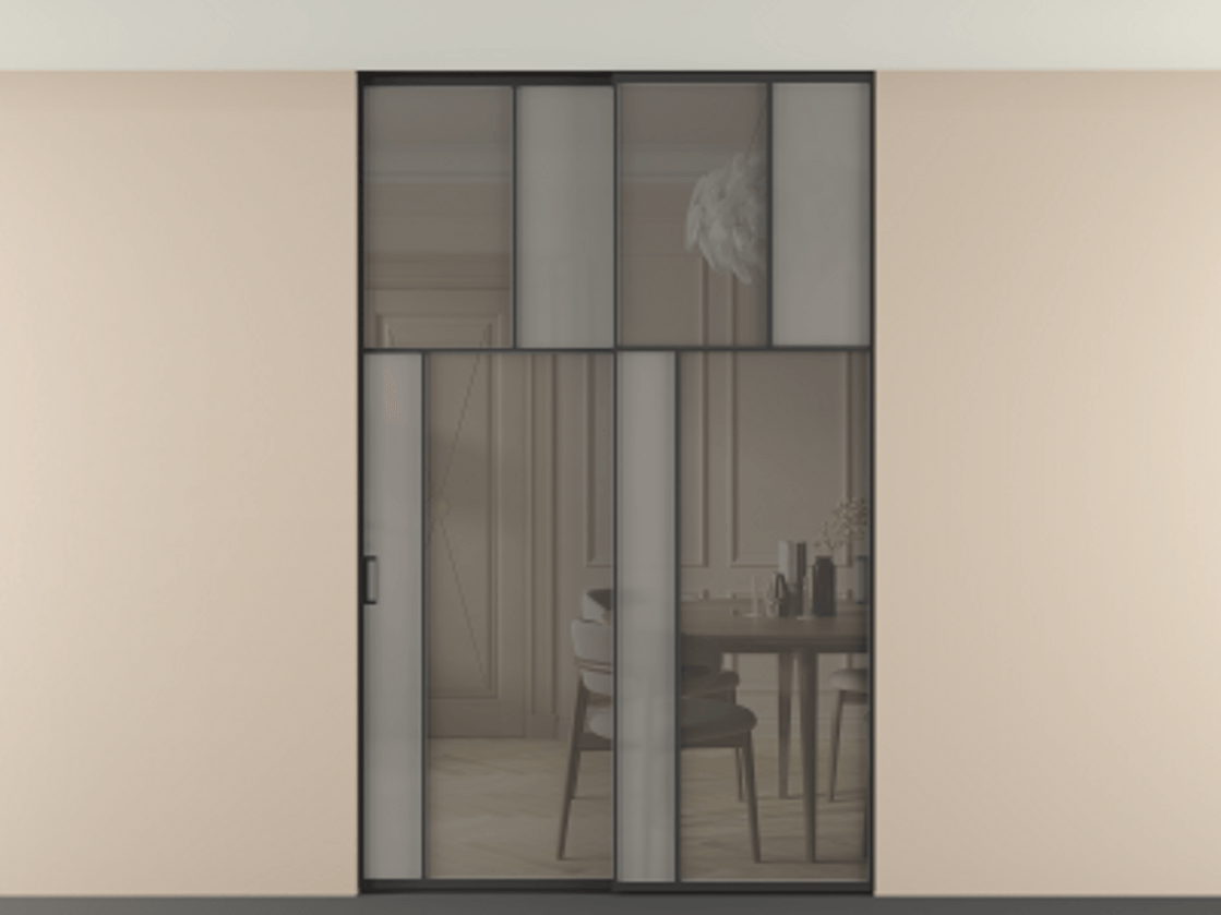 Перегородка Мозаик внутри проёма скрытое крепление в потолок 2 створки АЛПР 041.22 Алюминий Черный Сатинированное серое стекло, триплекс, 6 мм + Прозрачное серое стекло, триплекс. Скрытый короб ЧЕР Цена 315020 ₽ . Фабрика дверей Волховец 8 (800) 551 43 19 Перегородка Мозаик внутри проёма скрытое крепление в потолок 2 створки АЛПР 041.22 Алюминий Черный Сатинированное серое стекло, триплекс, 6 мм + Прозрачное серое стекло, триплекс Цена 315020 ₽ | Volhovec