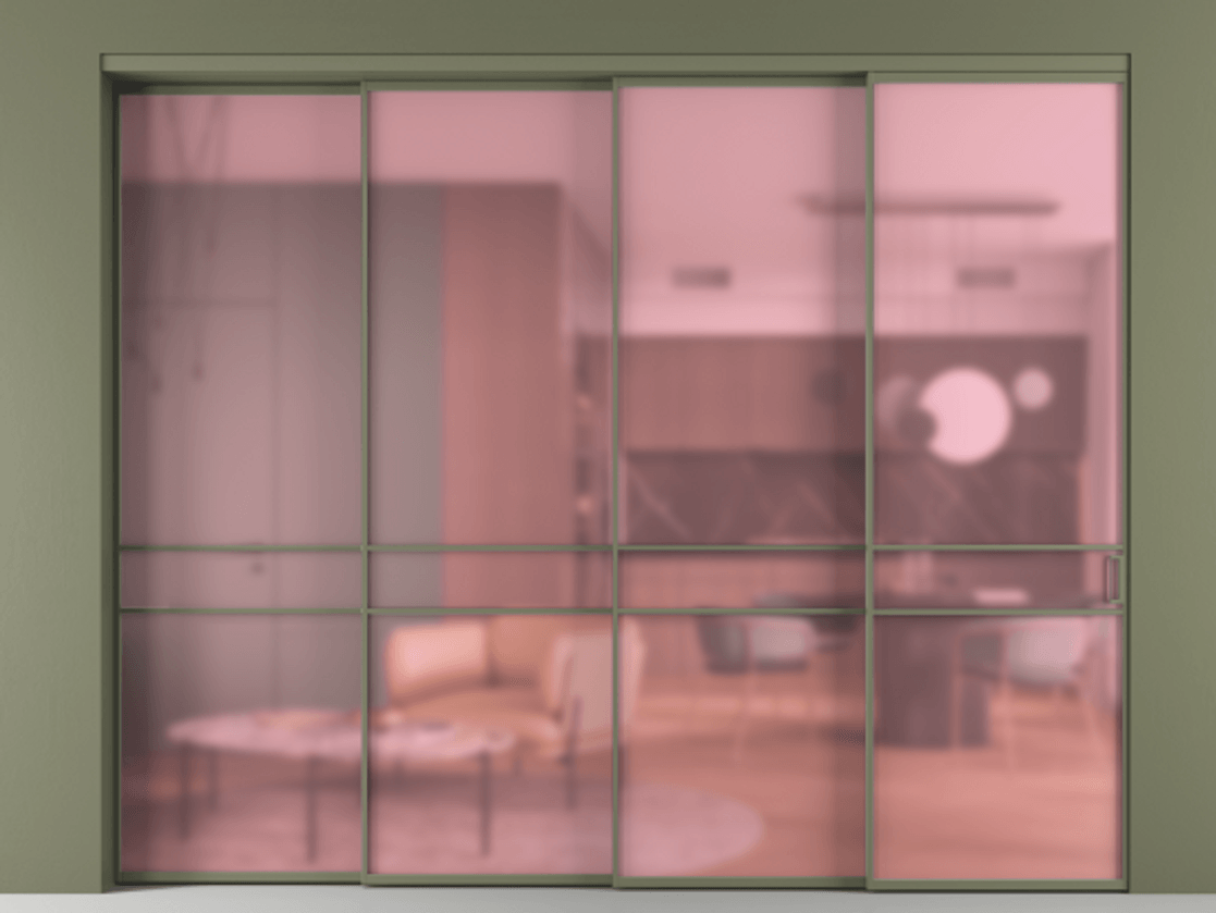 Перегородка Formato внутри проёма 4 створки с синхронным механизмом АЛПР 040.02 Алюминий оливковый тёмный Сатинированное розовое стекло, триплекс. Цена 448700 ₽ 1. Полотно 4 шт. (800/2100 мм)
2. Комплект установки раздвижной системы
3. Базовый комплект фурнитуры
4. Комплект фурнитуры телескопик синхро-3
5. Ручка RONDO
. Фабрика дверей Волховец 8 (800) 551 43 19 Перегородка Formato внутри проёма 4 створки с синхронным механизмом АЛПР 040.02 Алюминий оливковый тёмный Сатинированное розовое стекло, триплекс Цена 448700 ₽ | Volhovec