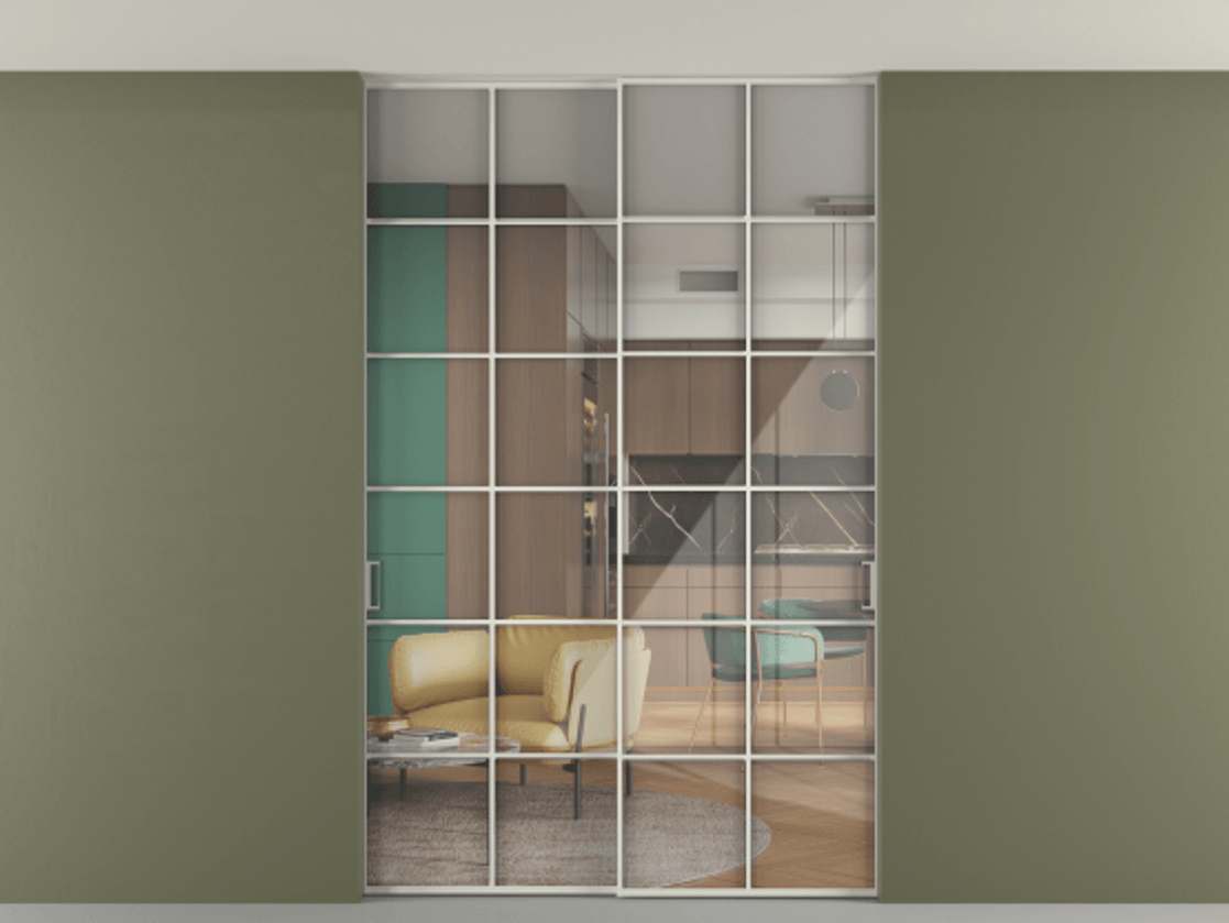 Перегородка Формато внутри проёма скрытое крепление в потолок 2 створки АЛПР 040.05 Алюминий Белый Рефлективное прозрачное стекло "Стопсол", калёное. Скрытый короб БЕЛ Цена 313880 ₽ 1. Полотно 2 шт. (800/2100 мм)
2. Комплект установки раздвижной системы
3. Базовый комплект фурнитуры
4. Ручка Рондо. Фабрика дверей Волховец 8 (800) 551 43 19 Перегородка Формато внутри проёма скрытое крепление в потолок 2 створки АЛПР 040.05 Алюминий Белый Рефлективное прозрачное стекло "Стопсол", калёное Цена 313880 ₽ | Volhovec