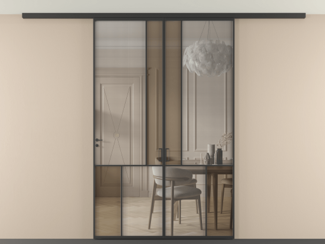 Перегородка Mosaic вдоль стены на потолок двустворчатая АЛПР 041.20 Алюминий Черный Декоративное стекло с сеткой "Mesh silver", триплекс, 6 мм + Прозрачное бронзовое стекло, триплекс, 6 мм. Скрытый короб ЧЕР Цена 249920 ₽ . Фабрика дверей Волховец 8 (800) 551 43 19 Перегородка Mosaic вдоль стены на потолок двустворчатая АЛПР 041.20 Алюминий Черный Декоративное стекло с сеткой "Mesh silver", триплекс, 6 мм + Прозрачное бронзовое стекло, триплекс, 6 мм Цена 249920 ₽ | Volhovec