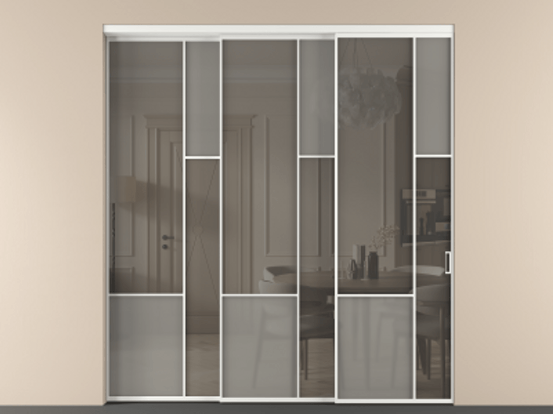 Перегородка Mosaic внутри проёма 3 створки с синхронным механизмом АЛПР 041.12 Алюминий белоснежный Сатинированное серое стекло, триплекс, 6 мм + Прозрачное серое стекло, триплекс. Цена 437390 ₽ . Фабрика дверей Волховец 8 (800) 551 43 19 Перегородка Mosaic внутри проёма 3 створки с синхронным механизмом АЛПР 041.12 Алюминий белоснежный Сатинированное серое стекло, триплекс, 6 мм + Прозрачное серое стекло, триплекс Цена 437390 ₽ | Volhovec