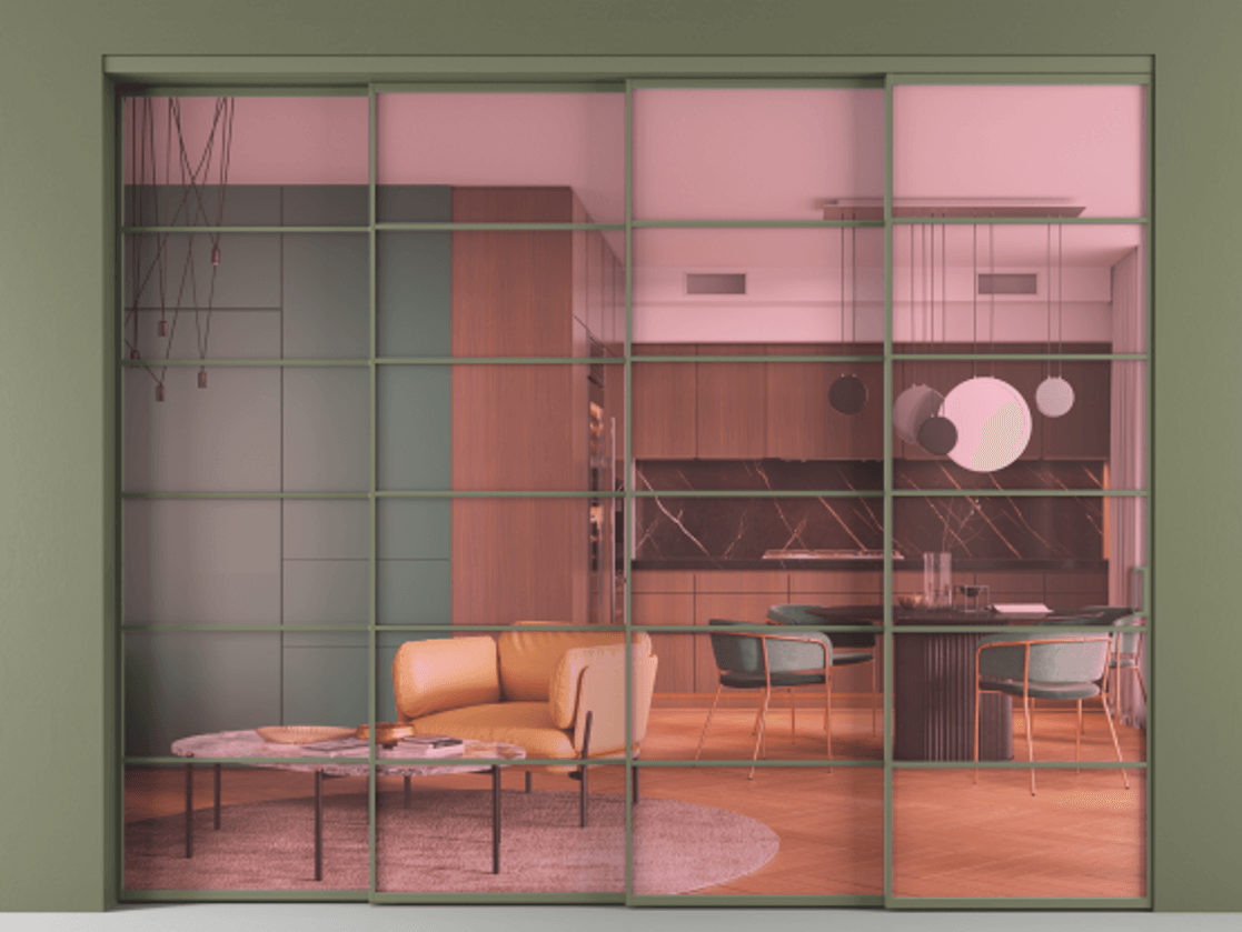 Перегородка Formato внутри проёма 4 створки с синхронным механизмом АЛПР 040.04 Алюминий оливковый тёмный Прозрачное розовое стекло, триплекс. Цена 488680 ₽ 1. Полотно 4 шт. (800/2100 мм)
2. Комплект установки раздвижной системы
3. Базовый комплект фурнитуры
4. Комплект фурнитуры телескопик синхро-3
5. Ручка RONDO
. Фабрика дверей Волховец 8 (800) 551 43 19 Перегородка Formato внутри проёма 4 створки с синхронным механизмом АЛПР 040.04 Алюминий оливковый тёмный Прозрачное розовое стекло, триплекс Цена 488680 ₽ | Volhovec