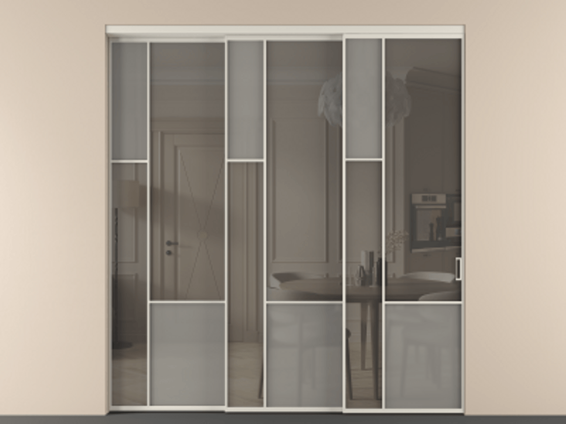 Перегородка Мозаик внутри проёма 3 створки с синхронным механизмом АЛПР 041.13 Алюминий облачно-серый Сатинированное серое стекло, триплекс, 6 мм + Прозрачное серое стекло, триплекс. Цена 437390 ₽ . Фабрика дверей Волховец 8 (800) 551 43 19 Перегородка Мозаик внутри проёма 3 створки с синхронным механизмом АЛПР 041.13 Алюминий облачно-серый Сатинированное серое стекло, триплекс, 6 мм + Прозрачное серое стекло, триплекс Цена 437390 ₽ | Volhovec