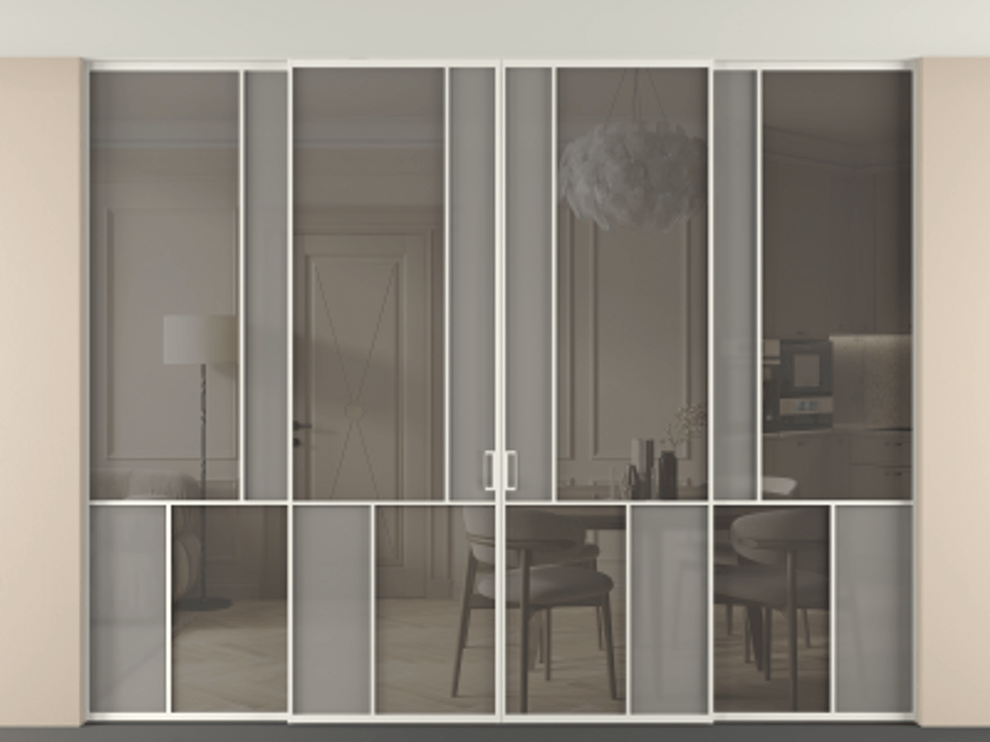 Перегородка Mosaic внутри проёма четырёхстворчатая со скрытым креплением в потолок АЛПР 041.20 Алюминий Белый Сатинированное серое стекло, триплекс, 6 мм + Прозрачное серое стекло, триплекс, 6 мм. Скрытый короб БЕЛ Цена 541440 ₽ . Фабрика дверей Волховец 8 (800) 551 43 19 Перегородка Mosaic внутри проёма четырёхстворчатая со скрытым креплением в потолок АЛПР 041.20 Алюминий Белый Сатинированное серое стекло, триплекс, 6 мм + Прозрачное серое стекло, триплекс, 6 мм Цена 541440 ₽ | Volhovec