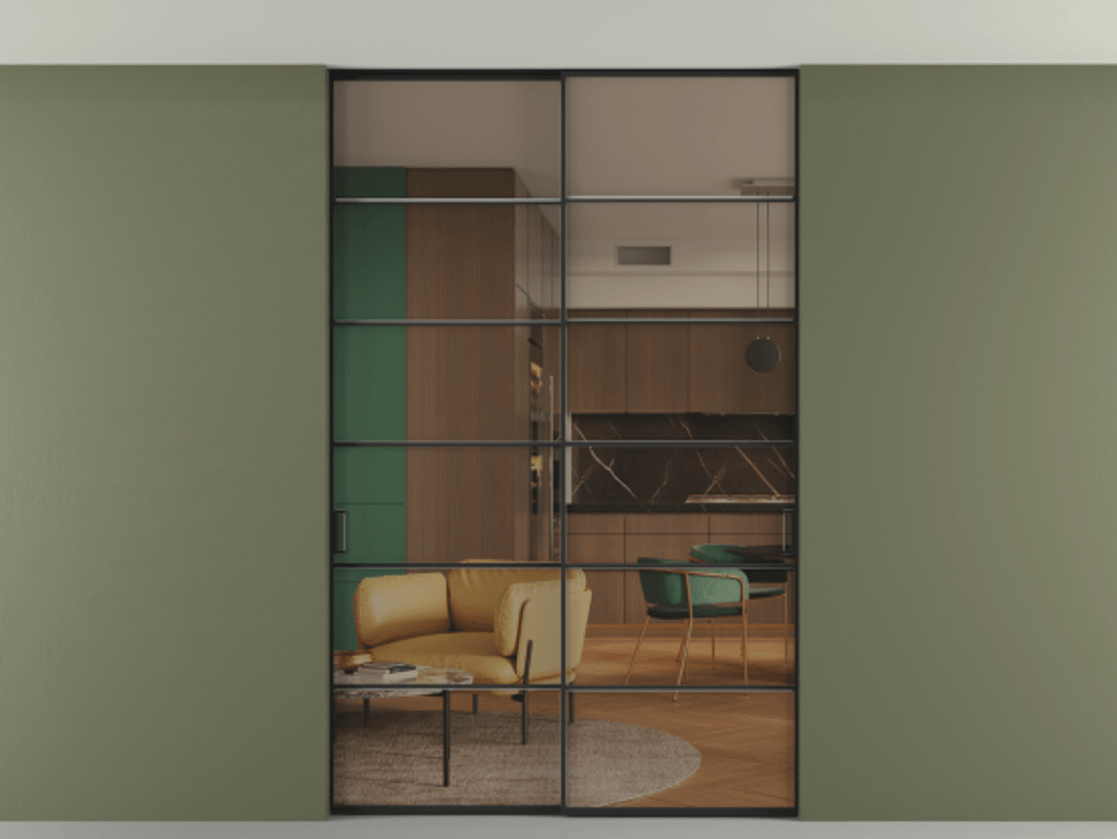 Перегородка Formato внутри проёма двустворчатая со скрытым креплением в потолок АЛПР 040.04 Алюминий Черный Прозрачное бронзовое стекло, триплекс, 6 мм. Скрытый короб ЧЕР Цена 280780 ₽ 1. Полотно 2 шт. (800/2100 мм)
2. Комплект установки раздвижной системы
3. Базовый комплект фурнитуры
4. Ручка RONDO. Фабрика дверей Волховец 8 (800) 551 43 19 Перегородка Formato внутри проёма двустворчатая со скрытым креплением в потолок АЛПР 040.04 Алюминий Черный Прозрачное бронзовое стекло, триплекс, 6 мм Цена 280780 ₽ | Volhovec