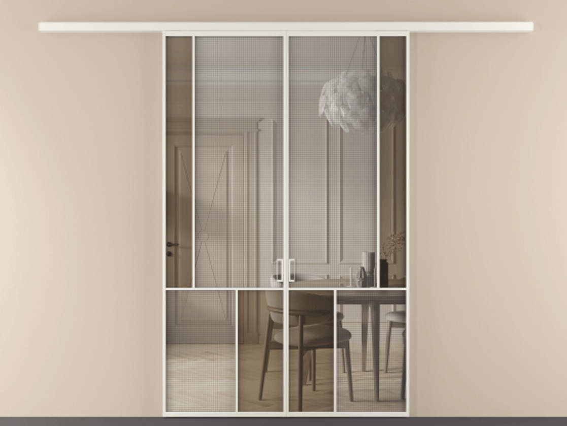 Перегородка Mosaic вдоль стены 2 створки АЛПР 041.21 Алюминий Белый Декоративное стекло с сеткой "Mesh silver", триплекс, 6 мм + Прозрачное бронзовое стекло, триплекс. Скрытый короб БЕЛ Цена 266080 ₽ . Фабрика дверей Волховец 8 (800) 551 43 19 Перегородка Mosaic вдоль стены 2 створки АЛПР 041.21 Алюминий Белый Декоративное стекло с сеткой "Mesh silver", триплекс, 6 мм + Прозрачное бронзовое стекло, триплекс Цена 266080 ₽ | Volhovec