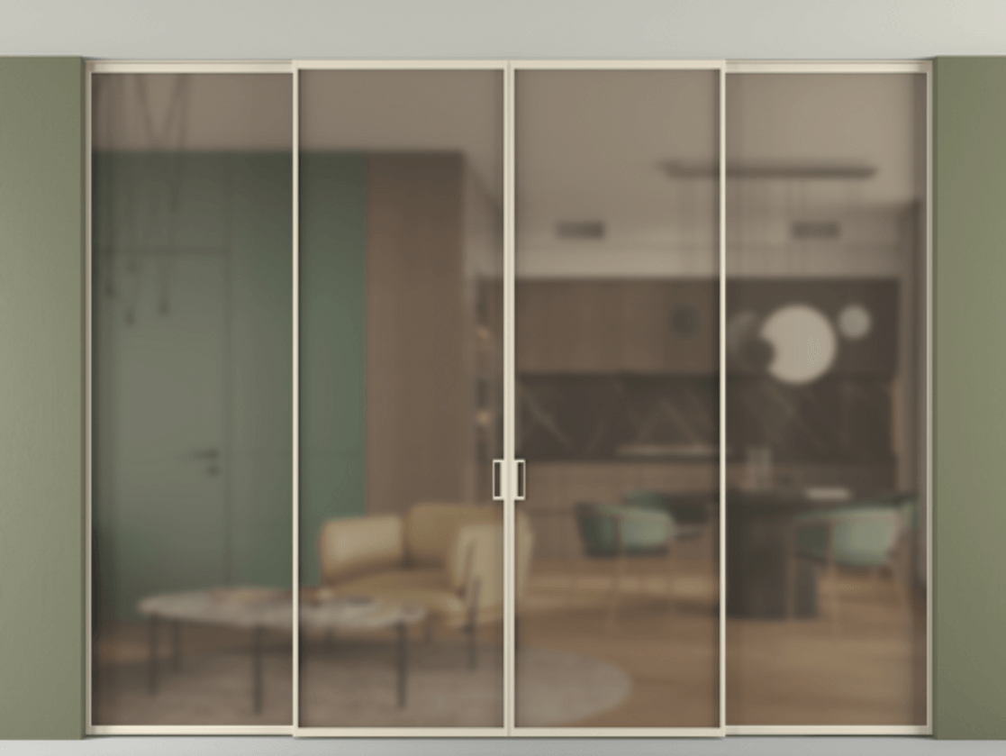 Перегородка Формато внутри проёма скрытое крепление в потолок 4 створки АЛПР 040.01 Алюминий бежево-серый Сатинированное бронзовое стекло, триплекс. Цена 422710 ₽ 1. Полотно 4 шт. (800/2100 мм)
2. Комплект установки раздвижной системы
3. Базовый комплект фурнитуры
4.Ручка Рондо. Фабрика дверей Волховец 8 (800) 551 43 19 Перегородка Формато внутри проёма скрытое крепление в потолок 4 створки АЛПР 040.01 Алюминий бежево-серый Сатинированное бронзовое стекло, триплекс Цена 422710 ₽ | Volhovec