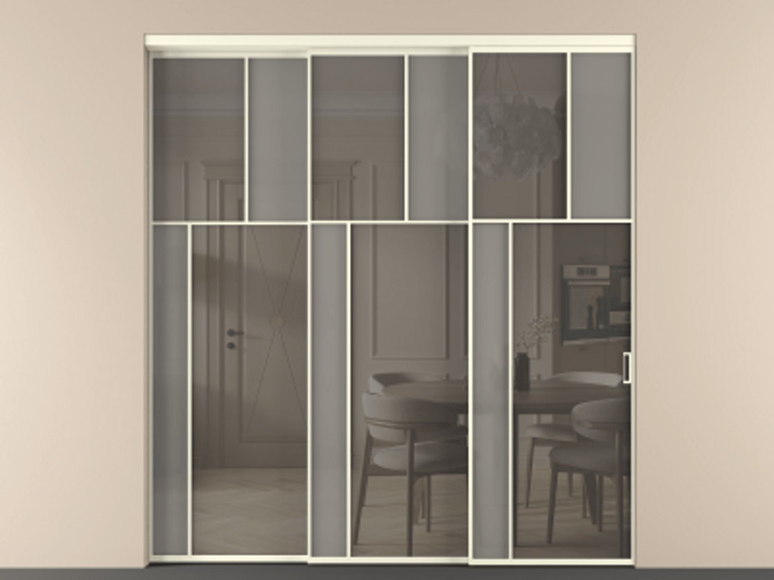 Перегородка Мозаик внутри проёма 3 створки с синхронным механизмом АЛПР 041.22 Алюминий молочно-белый Сатинированное серое стекло, триплекс, 6 мм + Прозрачное серое стекло, триплекс. Цена 437390 ₽ . Фабрика дверей Волховец 8 (800) 551 43 19 Перегородка Мозаик внутри проёма 3 створки с синхронным механизмом АЛПР 041.22 Алюминий молочно-белый Сатинированное серое стекло, триплекс, 6 мм + Прозрачное серое стекло, триплекс Цена 437390 ₽ | Volhovec