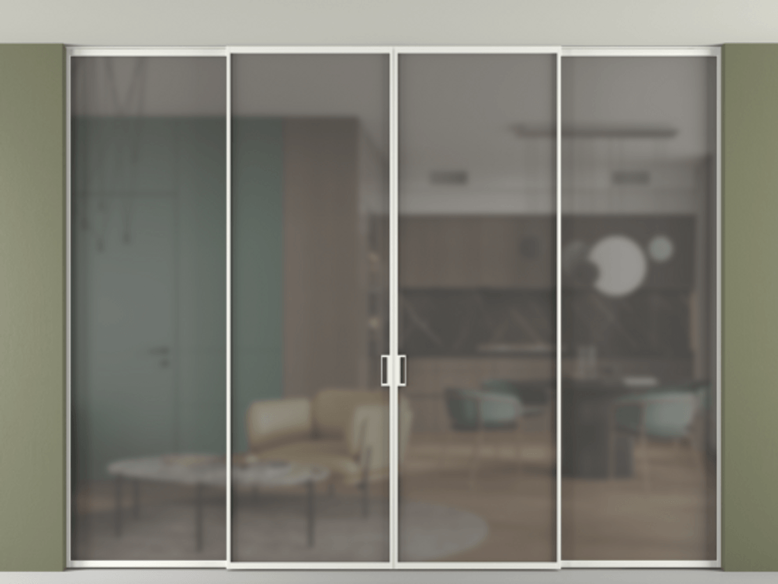 Перегородка Formato внутри проёма скрытое крепление в потолок 4 створки АЛПР 040.01 Алюминий светло-серый Сатинированное серое стекло, триплекс. Цена 422710 ₽ 1. Полотно 4 шт. (800/2100 мм)
2. Комплект установки раздвижной системы
3. Базовый комплект фурнитуры
4.Ручка RONDO. Фабрика дверей Волховец 8 (800) 551 43 19 Перегородка Formato внутри проёма скрытое крепление в потолок 4 створки АЛПР 040.01 Алюминий светло-серый Сатинированное серое стекло, триплекс Цена 422710 ₽ | Volhovec