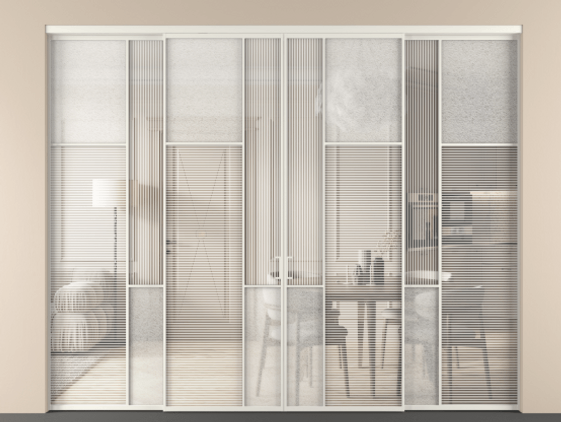 Перегородка Mosaic внутри проёма четырёхстворчатая АЛПР 041.11 Алюминий Белый Рифлёное стекло "Дюна", триплекс, 6 мм + Фактурное стекло "Лёд", триплекс, 6 мм. Скрытый короб БЕЛ Цена 448720 ₽ . Фабрика дверей Волховец 8 (800) 551 43 19  Перегородка Mosaic внутри проёма четырёхстворчатая АЛПР 041.11 Алюминий Белый Рифлёное стекло "Дюна", триплекс, 6 мм + Фактурное стекло "Лёд", триплекс, 6 мм Цена 448720 ₽ | Volhovec