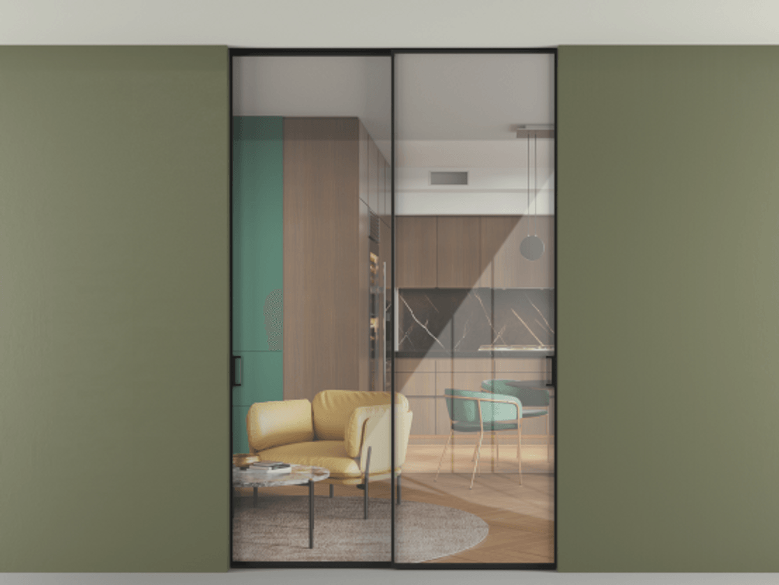 Перегородка Формато внутри проёма скрытое крепление в потолок 2 створки АЛПР 040.01 Алюминий Черный Рефлективное прозрачное стекло "Стопсол", калёное. Скрытый короб ЧЕР Цена 286160 ₽ 1. Полотно 2 шт. (800/2100 мм)
2. Комплект установки раздвижной системы
3. Базовый комплект фурнитуры
4. Ручка Рондо. Фабрика дверей Волховец 8 (800) 551 43 19 Перегородка Формато внутри проёма скрытое крепление в потолок 2 створки АЛПР 040.01 Алюминий Черный Рефлективное прозрачное стекло "Стопсол", калёное Цена 286160 ₽ | Volhovec