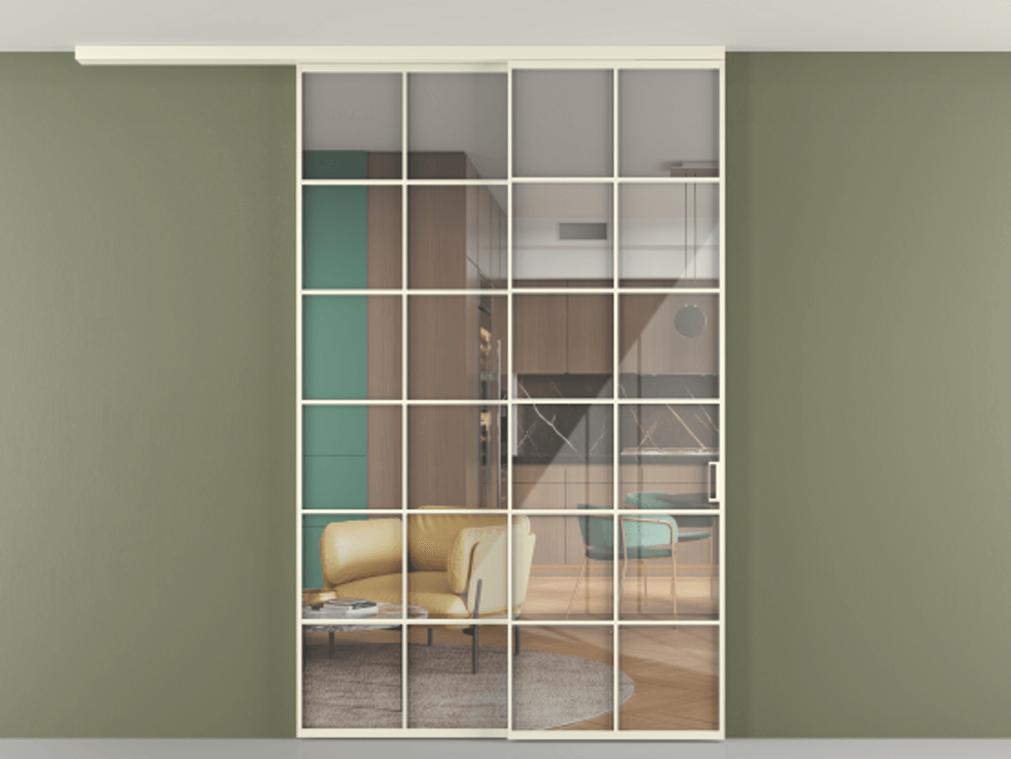 Перегородка Формато вдоль стены на потолок 2 створки с синхронным механизмом АЛПР 040.05 Алюминий молочно-белый Рефлективное прозрачное стекло "Стопсол", калёное. Цена 304504 ₽ 1. Полотно 2 шт. (800/2100 мм)
2. Комплект установки раздвижной системы
3. Базовый комплект фурнитуры
4.Ручка Рондо. Фабрика дверей Волховец 8 (800) 551 43 19 Перегородка Формато вдоль стены на потолок 2 створки с синхронным механизмом АЛПР 040.05 Алюминий молочно-белый Рефлективное прозрачное стекло "Стопсол", калёное Цена 304504 ₽ | Volhovec