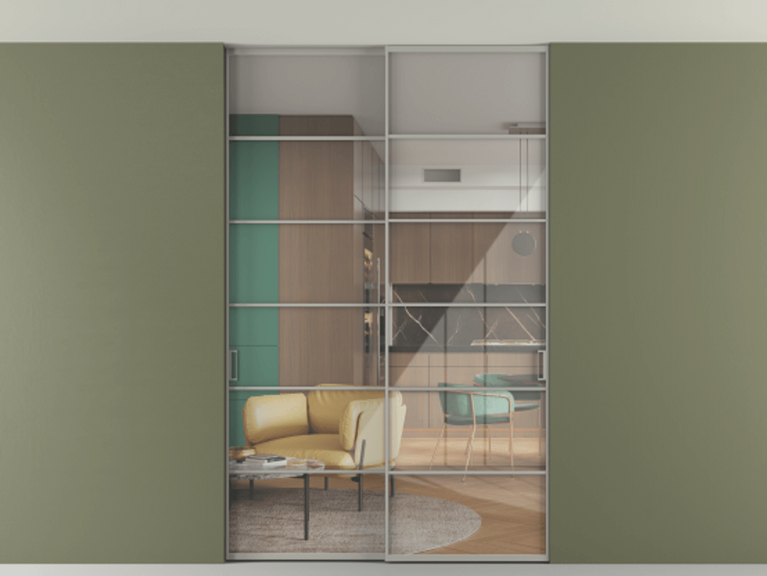 Перегородка Formato внутри проёма скрытое крепление в потолок 2 створки АЛПР 040.04 Алюминий нейтральный серый Рефлективное прозрачное стекло "Stopsol", калёное. Цена 322680 ₽ 1. Полотно 2 шт. (800/2100 мм)
2. Комплект установки раздвижной системы
3. Базовый комплект фурнитуры
4. Ручка RONDO. Фабрика дверей Волховец 8 (800) 551 43 19 Перегородка Formato внутри проёма скрытое крепление в потолок 2 створки АЛПР 040.04 Алюминий нейтральный серый Рефлективное прозрачное стекло "Stopsol", калёное Цена 322680 ₽ | Volhovec