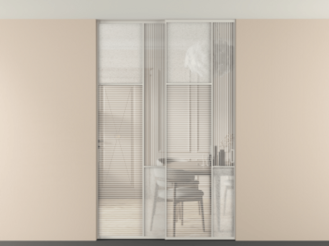 Перегородка Мозаик внутри проёма скрытое крепление в потолок 2 створки АЛПР 041.10 Алюминий тёплый серый Рифлёное стекло "Дюна", триплекс, 6 мм + Фактурное стекло "Лёд", триплекс. Цена 340580 ₽ . Фабрика дверей Волховец 8 (800) 551 43 19 Перегородка Мозаик внутри проёма скрытое крепление в потолок 2 створки АЛПР 041.10 Алюминий тёплый серый Рифлёное стекло "Дюна", триплекс, 6 мм + Фактурное стекло "Лёд", триплекс Цена 340580 ₽ | Volhovec