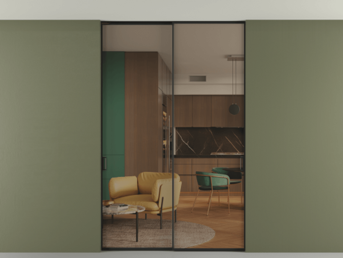 Перегородка Formato внутри проёма скрытое крепление в потолок 2 створки АЛПР 040.01 Алюминий Черный Прозрачное бронзовое стекло, триплекс. Скрытый короб ЧЕР Цена 240988 ₽ 1. Полотно 2 шт. (800/2100 мм)
2. Комплект установки раздвижной системы
3. Базовый комплект фурнитуры
4. Ручка RONDO. Фабрика дверей Волховец 8 (800) 551 43 19 Перегородка Formato внутри проёма скрытое крепление в потолок 2 створки АЛПР 040.01 Алюминий Черный Прозрачное бронзовое стекло, триплекс Цена 240988 ₽ | Volhovec