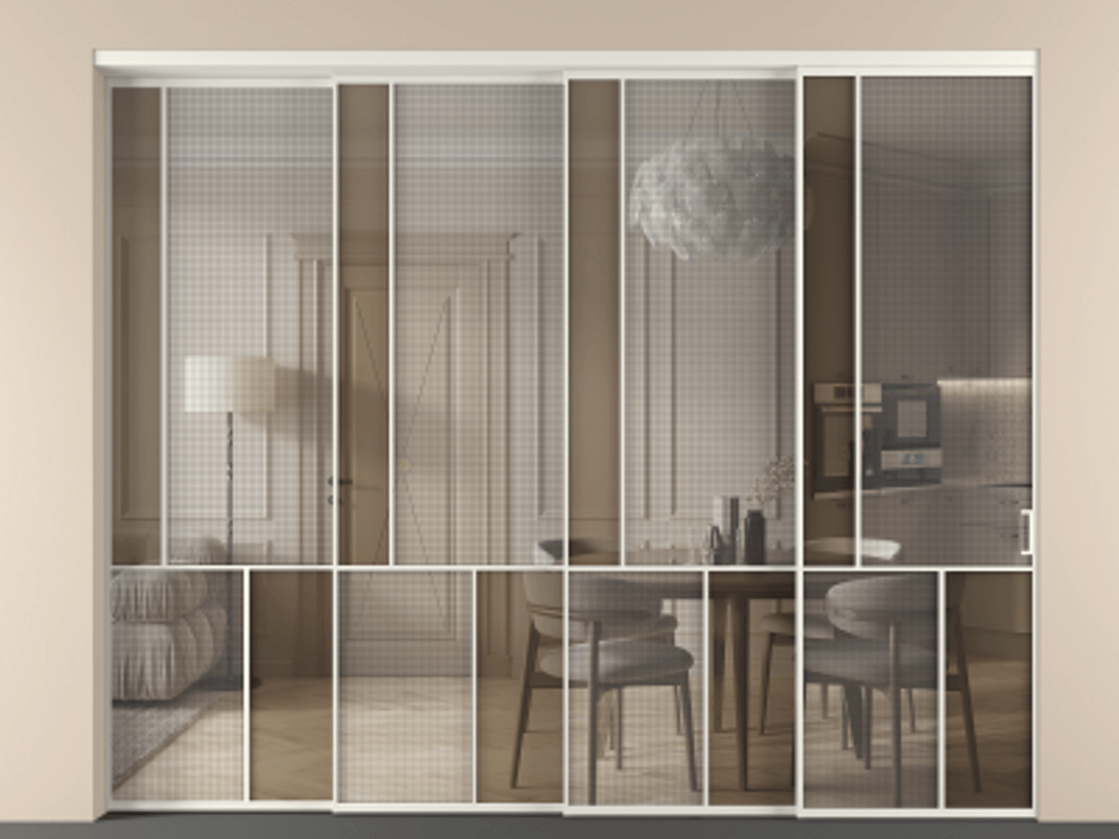 Перегородка Mosaic внутри проёма телескопик синхро 3 АЛПР 041.20 Алюминий Белый Декоративное стекло с сеткой "Mesh silver", триплекс, 6 мм + Прозрачное бронзовое стекло, триплекс, 6 мм. Скрытый короб БЕЛ Цена 552220 ₽ . Фабрика дверей Волховец 8 (800) 551 43 19 Перегородка Mosaic внутри проёма телескопик синхро 3 АЛПР 041.20 Алюминий Белый Декоративное стекло с сеткой "Mesh silver", триплекс, 6 мм + Прозрачное бронзовое стекло, триплекс, 6 мм Цена 552220 ₽ | Volhovec