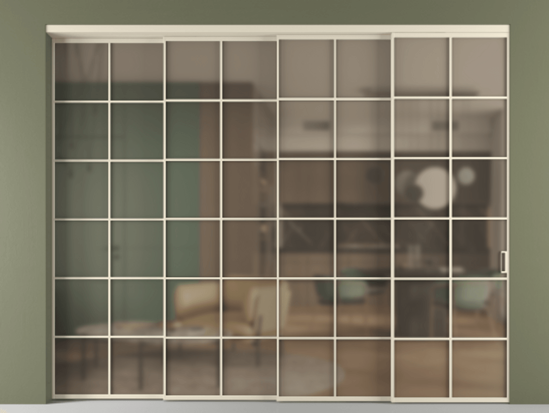 Перегородка Формато внутри проёма 4 створки с синхронным механизмом АЛПР 040.05 Алюминий бежево-серый Сатинированное бронзовое стекло, триплекс. Цена 488680 ₽ 1. Полотно 4 шт. (800/2100 мм)
2. Комплект установки раздвижной системы
3. Базовый комплект фурнитуры
4. Комплект фурнитуры телескопик синхро-3
5. Ручка Рондо. Фабрика дверей Волховец 8 (800) 551 43 19 Перегородка Формато внутри проёма 4 створки с синхронным механизмом АЛПР 040.05 Алюминий бежево-серый Сатинированное бронзовое стекло, триплекс Цена 488680 ₽ | Volhovec