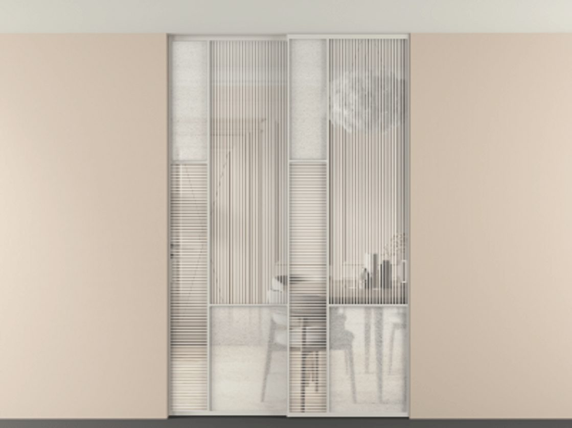 Перегородка Мозаик внутри проёма скрытое крепление в потолок 2 створки АЛПР 041.13 Алюминий тёплый серый Рифлёное стекло "Дюна", триплекс, 6 мм + Фактурное стекло "Лёд", триплекс. Цена 340580 ₽ . Фабрика дверей Волховец 8 (800) 551 43 19 Перегородка Мозаик внутри проёма скрытое крепление в потолок 2 створки АЛПР 041.13 Алюминий тёплый серый Рифлёное стекло "Дюна", триплекс, 6 мм + Фактурное стекло "Лёд", триплекс Цена 340580 ₽ | Volhovec