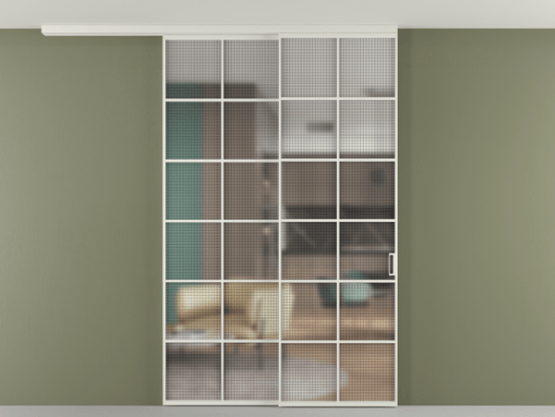 Перегородка Formato вдоль стены на потолок телескопик синхро 2 АЛПР 040.05 Алюминий Белый Декоративное стекло с сеткой "Mesh silver", триплекс, 6 мм. Скрытый короб БЕЛ Цена 310580 ₽ 1. Полотно 2 шт.  (800/2100 мм)
2. Комплект установки раздвижной системы
3. Базовый комплект фурнитуры
4.Ручка RONDO
. Фабрика дверей Волховец 8 (800) 551 43 19  Перегородка Formato вдоль стены на потолок телескопик синхро 2 АЛПР 040.05 Алюминий Белый Декоративное стекло с сеткой "Mesh silver", триплекс, 6 мм Цена 310580 ₽ | Volhovec