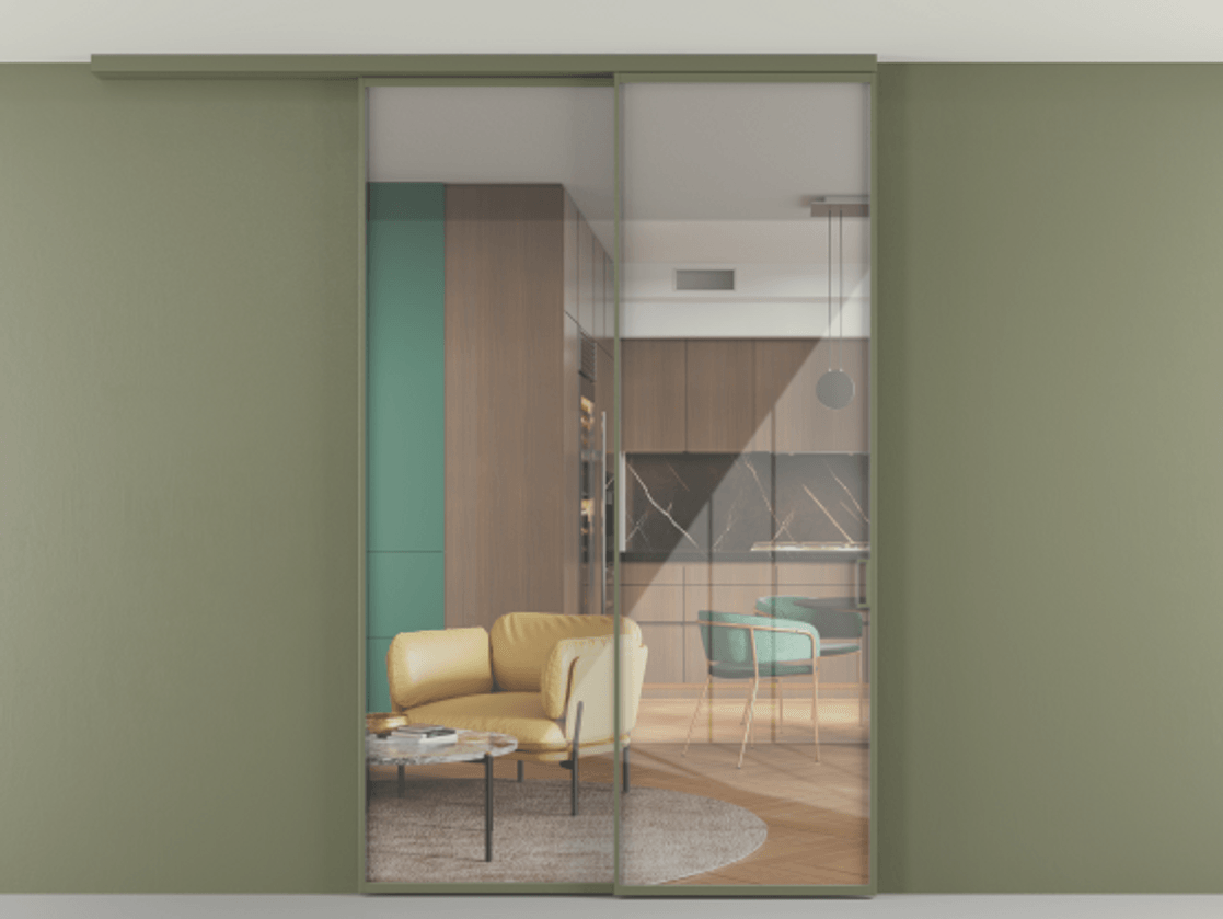 Перегородка Формато вдоль стены на потолок 2 створки с синхронным механизмом АЛПР 040.01 Алюминий оливковый тёмный Рефлективное прозрачное стекло "Стопсол", калёное. Цена 281272 ₽ 1. Полотно 2 шт. (800/2100 мм)
2. Комплект установки раздвижной системы
3. Базовый комплект фурнитуры
4.Ручка Рондо. Фабрика дверей Волховец 8 (800) 551 43 19 Перегородка Формато вдоль стены на потолок 2 створки с синхронным механизмом АЛПР 040.01 Алюминий оливковый тёмный Рефлективное прозрачное стекло "Стопсол", калёное Цена 281272 ₽ | Volhovec