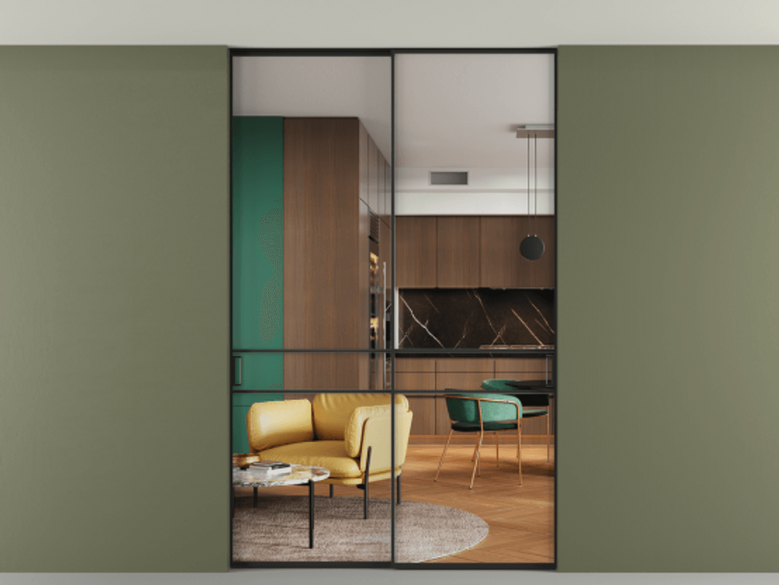 Перегородка Formato внутри проёма двустворчатая со скрытым креплением в потолок АЛПР 040.02 Алюминий Черный Прозрачное стекло "Crystal Vision", калёное, 6 мм. Скрытый короб ЧЕР Цена 281380 ₽ 1. Полотно 2 шт. (800/2100 мм)
 2. Комплект установки раздвижной системы
 3. Базовый комплект фурнитуры
4. Ручка RONDO. Фабрика дверей Волховец 8 (800) 551 43 19  Перегородка Formato внутри проёма двустворчатая со скрытым креплением в потолок АЛПР 040.02 Алюминий Черный Прозрачное стекло "Crystal Vision", калёное, 6 мм Цена 281380 ₽ | Volhovec