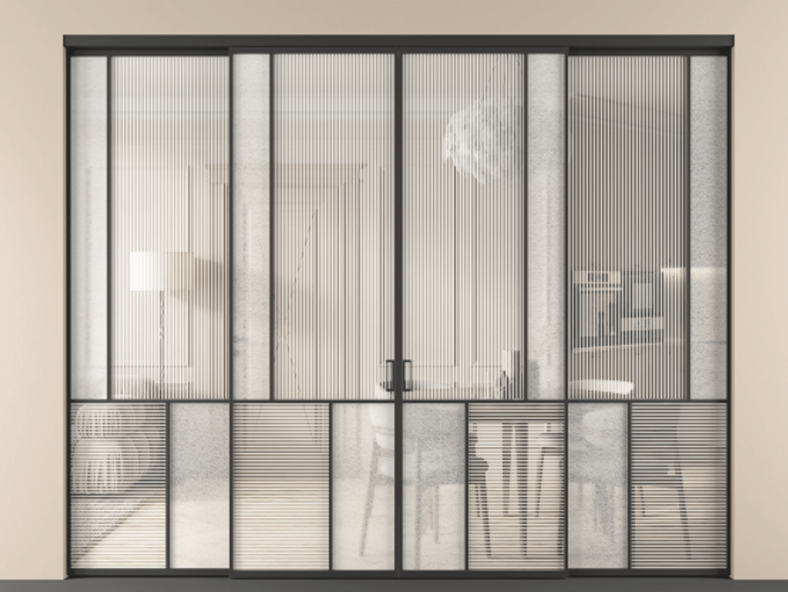 Перегородка Mosaic внутри проёма 4 створки АЛПР 041.21 Алюминий Черный Рифлёное стекло "Дюна", триплекс, 6 мм + Фактурное стекло "Лёд", триплекс. Скрытый короб ЧЕР Цена 473960 ₽ . Фабрика дверей Волховец 8 (800) 551 43 19 Перегородка Mosaic внутри проёма 4 створки АЛПР 041.21 Алюминий Черный Рифлёное стекло "Дюна", триплекс, 6 мм + Фактурное стекло "Лёд", триплекс Цена 473960 ₽ | Volhovec