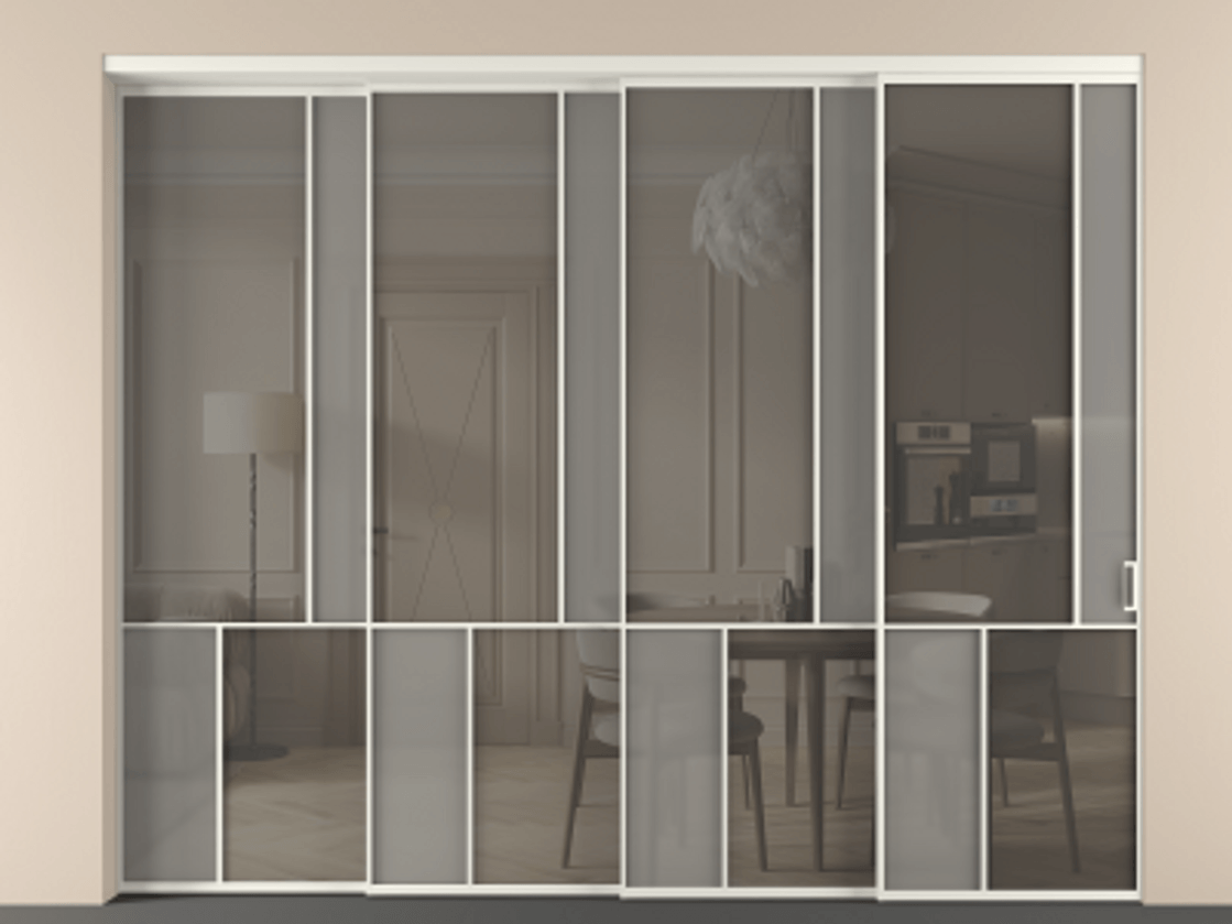 Перегородка Mosaic внутри проёма 4 створки с синхронным механизмом АЛПР 041.21 Алюминий Белый Сатинированное серое стекло, триплекс, 6 мм + Прозрачное серое стекло, триплекс. Скрытый короб БЕЛ Цена 560060 ₽ . Фабрика дверей Волховец 8 (800) 551 43 19 Перегородка Mosaic внутри проёма 4 створки с синхронным механизмом АЛПР 041.21 Алюминий Белый Сатинированное серое стекло, триплекс, 6 мм + Прозрачное серое стекло, триплекс Цена 560060 ₽ | Volhovec