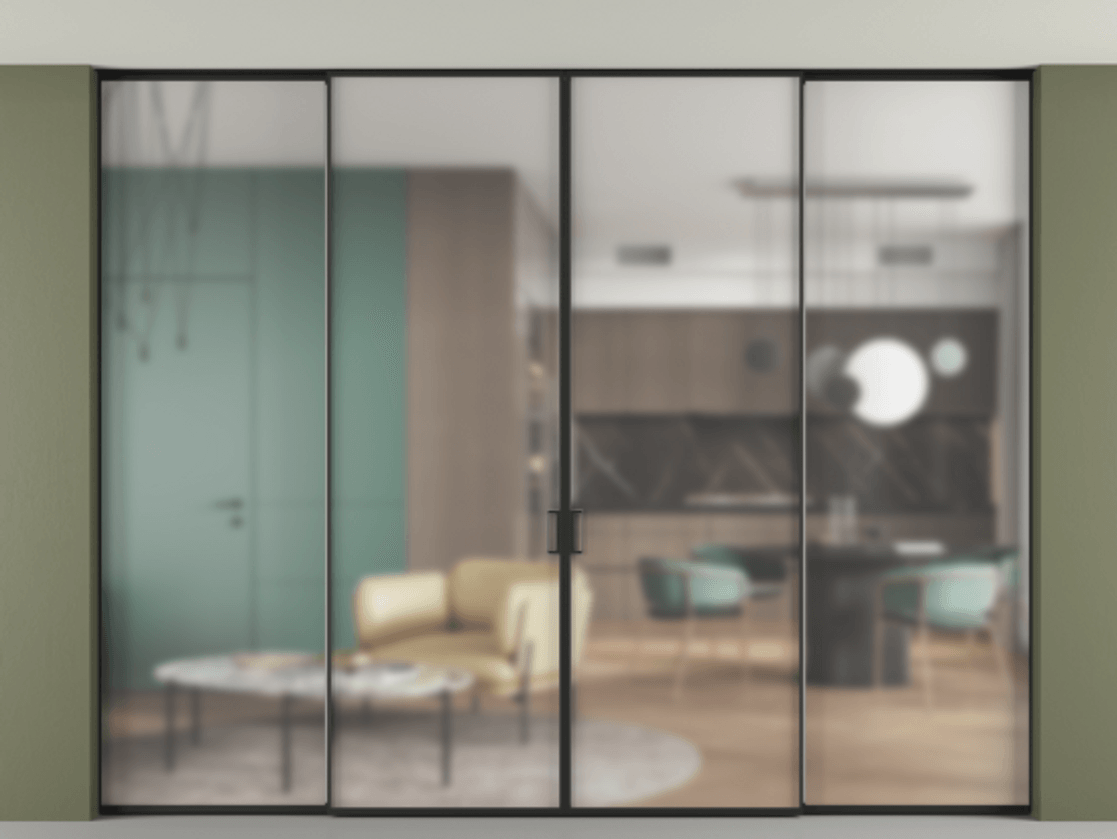 Перегородка Formato внутри проёма четырёхстворчатая со скрытым креплением в потолок АЛПР 040.01 Алюминий Черный Сатинированное стекло "Matelux Crystal Vision", калёное, 6 мм, матовое, каленое 6 мм. Скрытый короб ЧЕР Цена 488600 ₽ 1. Полотно 4 шт. (800/2100 мм)
 2. Комплект установки раздвижной системы
 3. Базовый комплект фурнитуры
4.Ручка RONDO. Фабрика дверей Волховец 8 (800) 551 43 19  Перегородка Formato внутри проёма четырёхстворчатая со скрытым креплением в потолок АЛПР 040.01 Алюминий Черный Сатинированное стекло "Matelux Crystal Vision", калёное, 6 мм, матовое, каленое 6 мм Цена 488600 ₽ | Volhovec