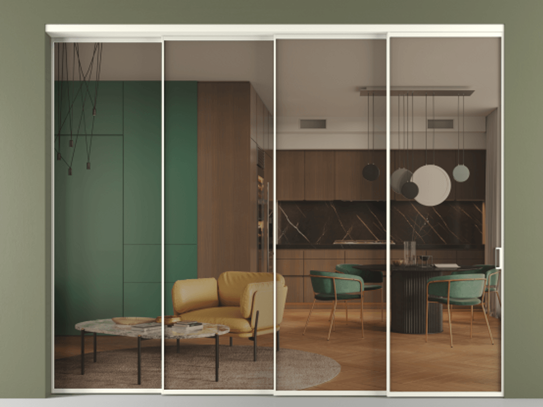 Перегородка Формато внутри проёма 4 створки с синхронным механизмом АЛПР 040.01 Алюминий жемчужный Прозрачное бронзовое стекло, триплекс. Цена 464500 ₽ 1. Полотно 4 шт. (800/2100 мм)
2. Комплект установки раздвижной системы
3. Базовый комплект фурнитуры
4. Комплект фурнитуры телескопик синхро-3
5. Ручка Рондо. Фабрика дверей Волховец 8 (800) 551 43 19 Перегородка Формато внутри проёма 4 створки с синхронным механизмом АЛПР 040.01 Алюминий жемчужный Прозрачное бронзовое стекло, триплекс Цена 464500 ₽ | Volhovec
