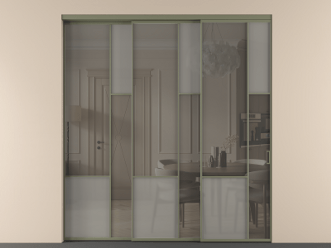 Перегородка Mosaic внутри проёма 3 створки с синхронным механизмом АЛПР 041.12 Алюминий оливковый тёмный Сатинированное серое стекло, триплекс, 6 мм + Прозрачное серое стекло, триплекс. Цена 437390 ₽ . Фабрика дверей Волховец 8 (800) 551 43 19 Перегородка Mosaic внутри проёма 3 створки с синхронным механизмом АЛПР 041.12 Алюминий оливковый тёмный Сатинированное серое стекло, триплекс, 6 мм + Прозрачное серое стекло, триплекс Цена 437390 ₽ | Volhovec