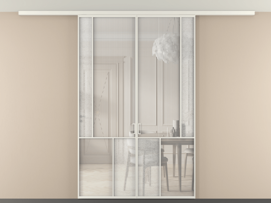 Перегородка Мозаик вдоль стены на потолок 2 створки АЛПР 041.21 Алюминий Белый Рифлёное стекло "Дюна", триплекс, 6 мм + Фактурное стекло "Лёд", триплекс. Скрытый короб БЕЛ Цена 321980 ₽ . Фабрика дверей Волховец 8 (800) 551 43 19 Перегородка Мозаик вдоль стены на потолок 2 створки АЛПР 041.21 Алюминий Белый Рифлёное стекло "Дюна", триплекс, 6 мм + Фактурное стекло "Лёд", триплекс Цена 321980 ₽ | Volhovec