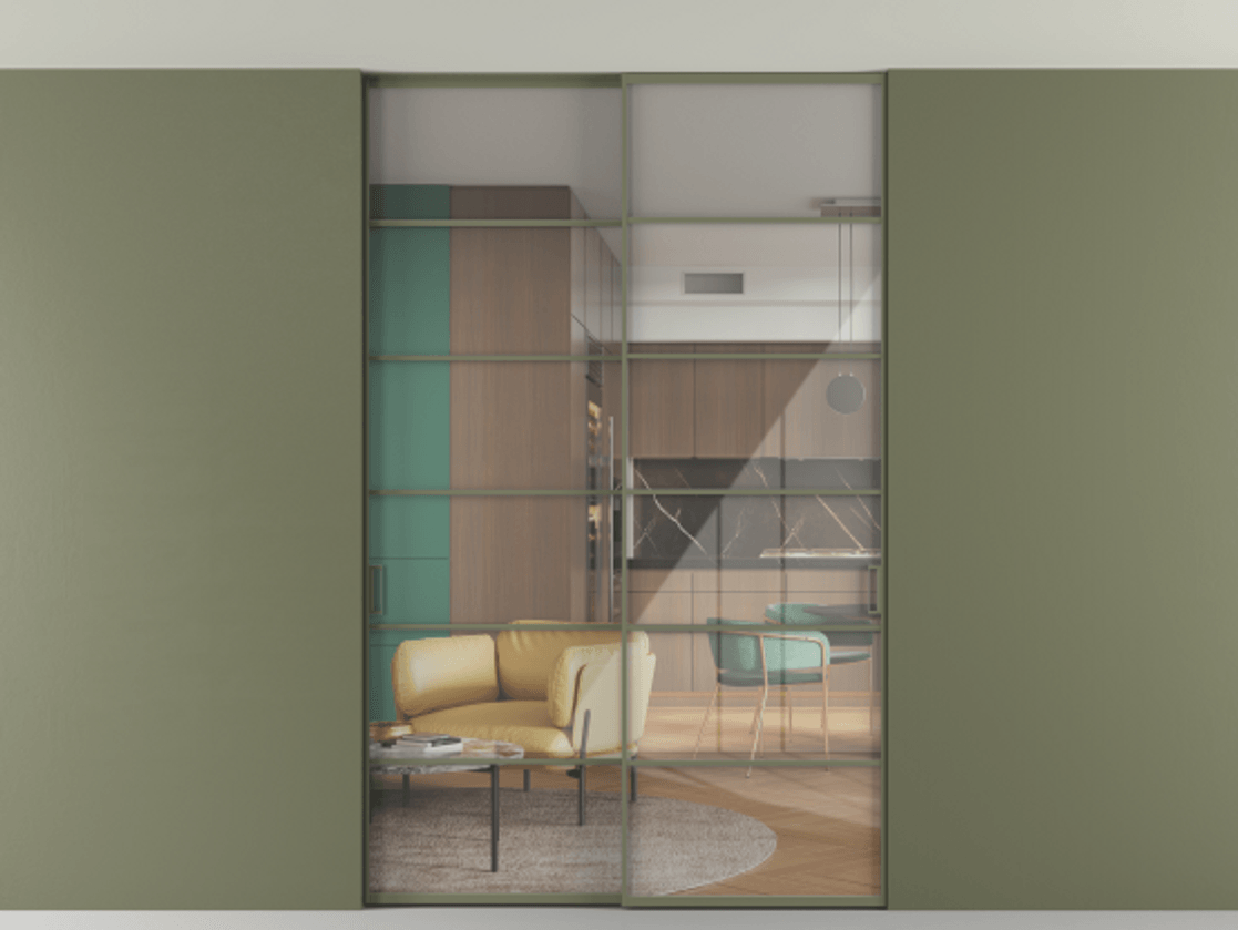 Перегородка Формато внутри проёма скрытое крепление в потолок 2 створки АЛПР 040.04 Алюминий оливковый тёмный Рефлективное прозрачное стекло "Стопсол", калёное. Цена 322680 ₽ 1. Полотно 2 шт. (800/2100 мм)
2. Комплект установки раздвижной системы
3. Базовый комплект фурнитуры
4. Ручка Рондо. Фабрика дверей Волховец 8 (800) 551 43 19 Перегородка Формато внутри проёма скрытое крепление в потолок 2 створки АЛПР 040.04 Алюминий оливковый тёмный Рефлективное прозрачное стекло "Стопсол", калёное Цена 322680 ₽ | Volhovec