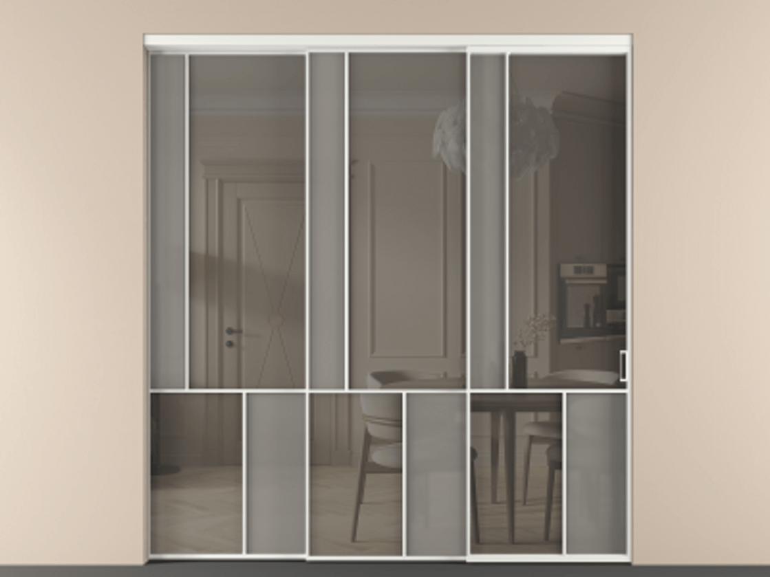 Перегородка Мозаик внутри проёма 3 створки с синхронным механизмом АЛПР 041.20 Алюминий белоснежный Сатинированное серое стекло, триплекс, 6 мм + Прозрачное серое стекло, триплекс. Цена 437390 ₽ . Фабрика дверей Волховец 8 (800) 551 43 19 Перегородка Мозаик внутри проёма 3 створки с синхронным механизмом АЛПР 041.20 Алюминий белоснежный Сатинированное серое стекло, триплекс, 6 мм + Прозрачное серое стекло, триплекс Цена 437390 ₽ | Volhovec