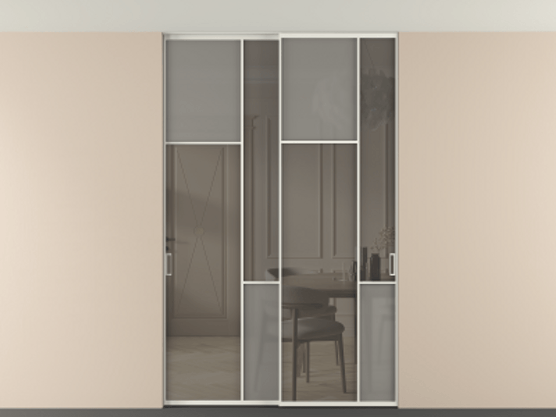 Перегородка Мозаик внутри проёма скрытое крепление в потолок 2 створки АЛПР 041.10 Алюминий серый Сатинированное серое стекло, триплекс, 6 мм + Прозрачное серое стекло, триплекс. Цена 324580 ₽ . Фабрика дверей Волховец 8 (800) 551 43 19 Перегородка Мозаик внутри проёма скрытое крепление в потолок 2 створки АЛПР 041.10 Алюминий серый Сатинированное серое стекло, триплекс, 6 мм + Прозрачное серое стекло, триплекс Цена 324580 ₽ | Volhovec