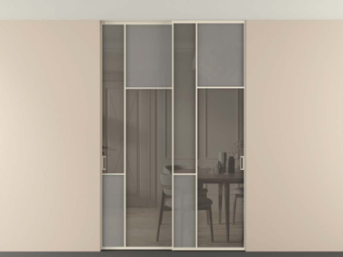 Перегородка Мозаик внутри проёма скрытое крепление в потолок 2 створки АЛПР 041.11 Алюминий бежево-серый Сатинированное серое стекло, триплекс, 6 мм + Прозрачное серое стекло, триплекс. Цена 324580 ₽ . Фабрика дверей Волховец 8 (800) 551 43 19 Перегородка Мозаик внутри проёма скрытое крепление в потолок 2 створки АЛПР 041.11 Алюминий бежево-серый Сатинированное серое стекло, триплекс, 6 мм + Прозрачное серое стекло, триплекс Цена 324580 ₽ | Volhovec