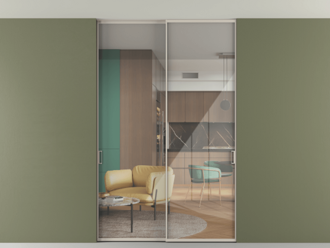 Перегородка Формато внутри проёма скрытое крепление в потолок 2 створки АЛПР 040.01 Алюминий светло-бежевый Рефлективное прозрачное стекло "Стопсол", калёное. Цена 293640 ₽ 1. Полотно 2 шт. (800/2100 мм)
2. Комплект установки раздвижной системы
3. Базовый комплект фурнитуры
4. Ручка Рондо. Фабрика дверей Волховец 8 (800) 551 43 19 Перегородка Формато внутри проёма скрытое крепление в потолок 2 створки АЛПР 040.01 Алюминий светло-бежевый Рефлективное прозрачное стекло "Стопсол", калёное Цена 293640 ₽ | Volhovec