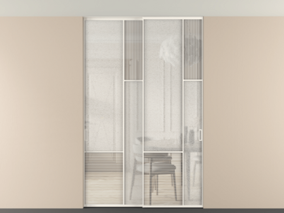 Перегородка Мозаик внутри проёма скрытое крепление в потолок 2 створки АЛПР 041.12 Алюминий пудровый белый Рифлёное стекло "Дюна", триплекс, 6 мм + Фактурное стекло "Лёд", триплекс. Цена 340580 ₽ . Фабрика дверей Волховец 8 (800) 551 43 19 Перегородка Мозаик внутри проёма скрытое крепление в потолок 2 створки АЛПР 041.12 Алюминий пудровый белый Рифлёное стекло "Дюна", триплекс, 6 мм + Фактурное стекло "Лёд", триплекс Цена 340580 ₽ | Volhovec