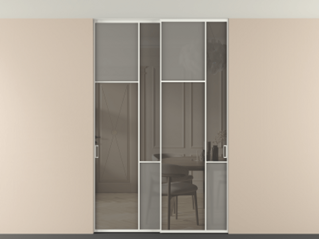 Перегородка Мозаик внутри проёма скрытое крепление в потолок 2 створки АЛПР 041.10 Алюминий светло-серый Сатинированное серое стекло, триплекс, 6 мм + Прозрачное серое стекло, триплекс. Цена 324580 ₽ . Фабрика дверей Волховец 8 (800) 551 43 19 Перегородка Мозаик внутри проёма скрытое крепление в потолок 2 створки АЛПР 041.10 Алюминий светло-серый Сатинированное серое стекло, триплекс, 6 мм + Прозрачное серое стекло, триплекс Цена 324580 ₽ | Volhovec