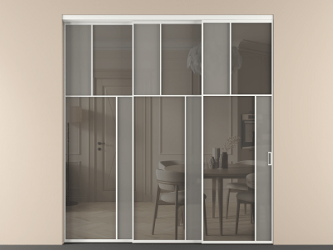 Перегородка Мозаик внутри проёма 3 створки с синхронным механизмом АЛПР 041.23 Алюминий белоснежный Сатинированное серое стекло, триплекс, 6 мм + Прозрачное серое стекло, триплекс. Цена 437390 ₽ . Фабрика дверей Волховец 8 (800) 551 43 19 Перегородка Мозаик внутри проёма 3 створки с синхронным механизмом АЛПР 041.23 Алюминий белоснежный Сатинированное серое стекло, триплекс, 6 мм + Прозрачное серое стекло, триплекс Цена 437390 ₽ | Volhovec