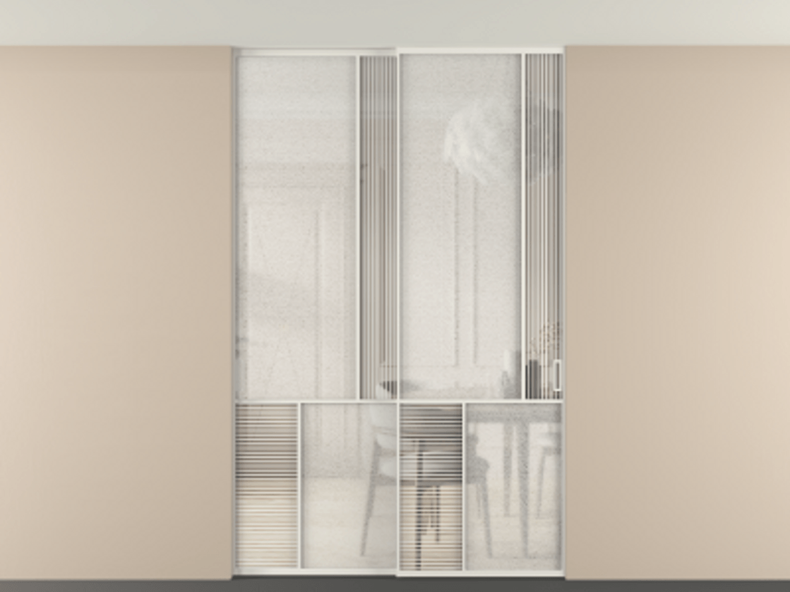 Перегородка Mosaic внутри проёма двустворчатая со скрытым креплением в потолок АЛПР 041.21 Алюминий Белый Рифлёное стекло "Дюна", триплекс, 6 мм + Фактурное стекло "Лёд", триплекс, 6 мм. Скрытый короб БЕЛ Цена 313020 ₽ . Фабрика дверей Волховец 8 (800) 551 43 19 Перегородка Mosaic внутри проёма двустворчатая со скрытым креплением в потолок АЛПР 041.21 Алюминий Белый Рифлёное стекло "Дюна", триплекс, 6 мм + Фактурное стекло "Лёд", триплекс, 6 мм Цена 313020 ₽ | Volhovec