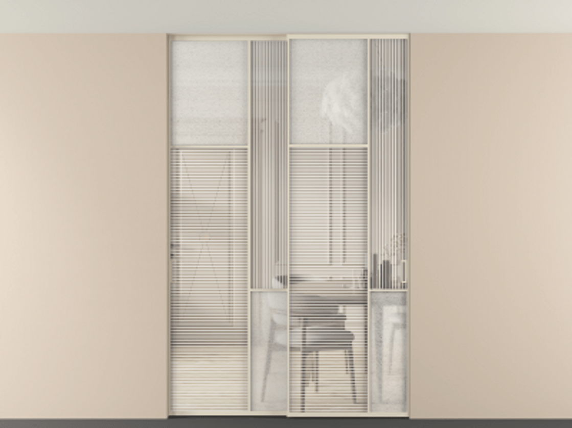 Перегородка Мозаик внутри проёма скрытое крепление в потолок 2 створки АЛПР 041.10 Алюминий бежево-серый Рифлёное стекло "Дюна", триплекс, 6 мм + Фактурное стекло "Лёд", триплекс. Цена 340580 ₽ . Фабрика дверей Волховец 8 (800) 551 43 19 Перегородка Мозаик внутри проёма скрытое крепление в потолок 2 створки АЛПР 041.10 Алюминий бежево-серый Рифлёное стекло "Дюна", триплекс, 6 мм + Фактурное стекло "Лёд", триплекс Цена 340580 ₽ | Volhovec